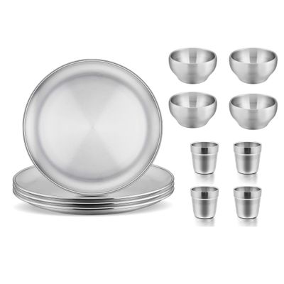 E-far Stainless Steel Bowls Plates and Cups for Kids Toddlers Bundle, 12 Ounce Double-deck Bowls, 8-inch Metal Dinner Plates, 6 Ounce Metal Insulated Cups, Set of 4, Dishwasher Safe