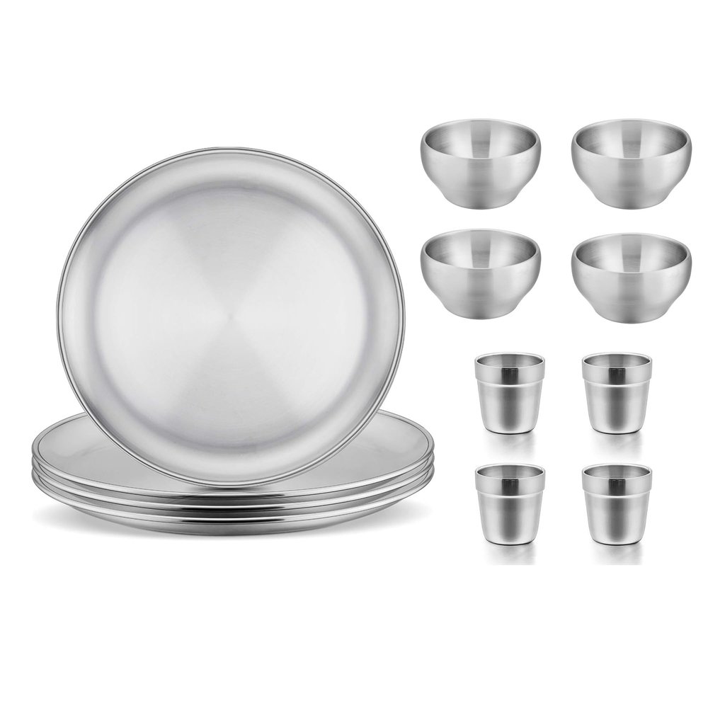 E-far Stainless Steel Bowls Plates and Cups for Kids Toddlers Bundle, 12 Ounce Double-deck Bowls, 8-inch Metal Dinner Plates, 6 Ounce Metal Insulated Cups, Set of 4, Dishwasher Safe
