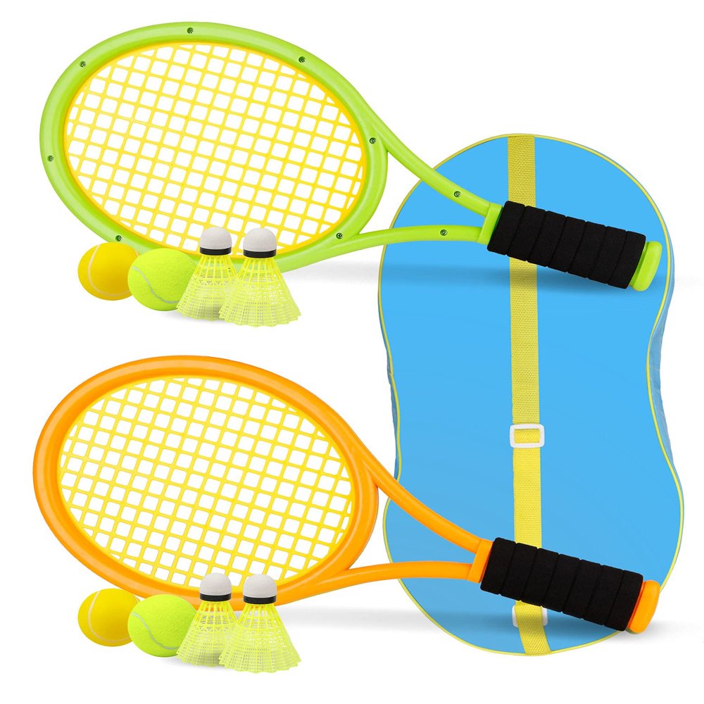 Kids Tennis Racket,17 Inch Plastic Tennis Racket with 2 Soft Balls,2 Tennis Balls and 4 Shuttlecocks for Kid,Toddler Outdoor/Indoor Sport Play (Orange & Green)