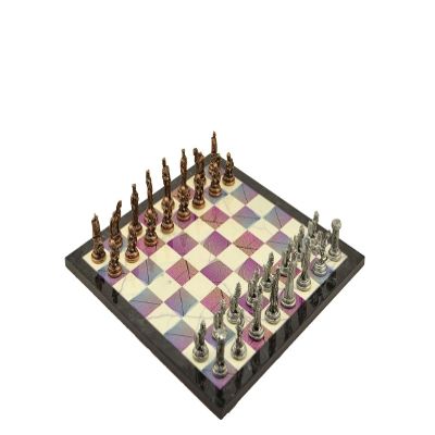 Metal Chess Set for Adults Historical Antique Copper Troy-Spartan Figures,Handmade Pieces and Different Design Wooden Chess Board (Spring)