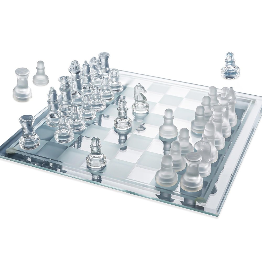 Gamie Premium Glass Chess Set, 12 Inch - Elegant Design - Durable Build - 32 Frosted and Clear Pieces - Felted Bottoms - Easy to Carry - Stable & Fully Functional for Chess Lovers
