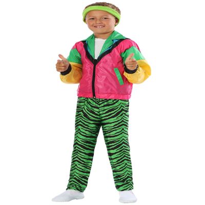 Boys 80's Jock Halloween Costume | Retro Kids 1980s Outfit with Neon Jacket, Tiger-Striped Pants, and Headband Small Bundle