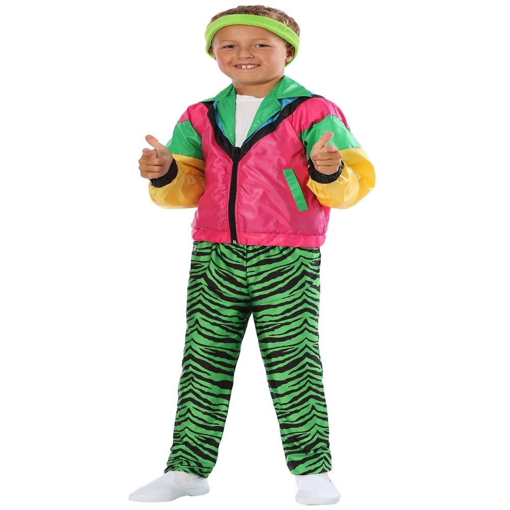 Boys 80's Jock Halloween Costume | Retro Kids 1980s Outfit with Neon Jacket, Tiger-Striped Pants, and Headband Small Bundle