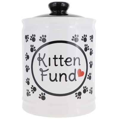 Cottage Creek Kitten Fund White Ceramic Storage Container with Removable Black Lid, Stoneware Piggy Bank Savings Jar for Cat Litter, Cat Food & Toys, Gifts for Cat Lovers, Cat Moms