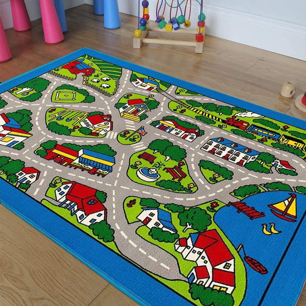 Kids/Baby Room Area Rug City Train Tracks Map Cars Play Mat Extra-Large Nursery Play Rug for Toy Cars and Trucks with Non-Slip Backing and No Chemical Smell,Safe and Fun Baby Mat-Extra Soft