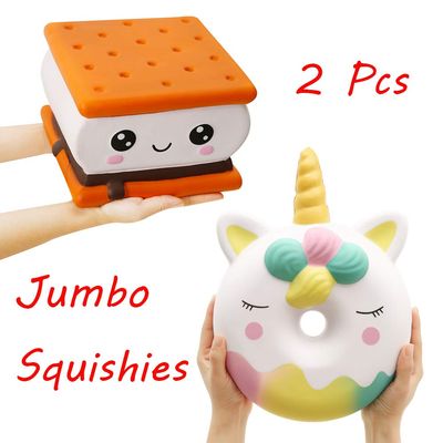 Anboor 2Pcs Jumbo Squishies Unicorn Donut and Smore Kawaii Soft Slow Rising Scented Giant Squishy Stress Relief Kid Toys