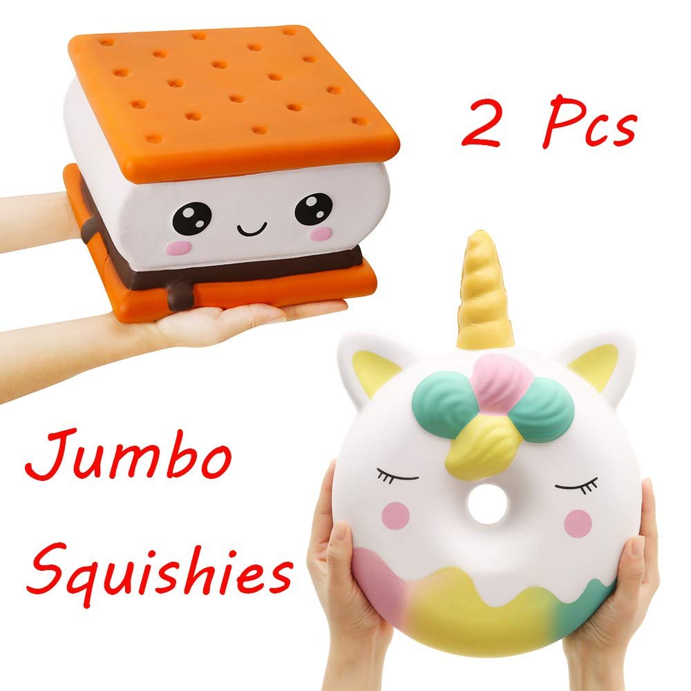 Anboor 2Pcs Jumbo Squishies Unicorn Donut and Smore Kawaii Soft Slow Rising Scented Giant Squishy Stress Relief Kid Toys