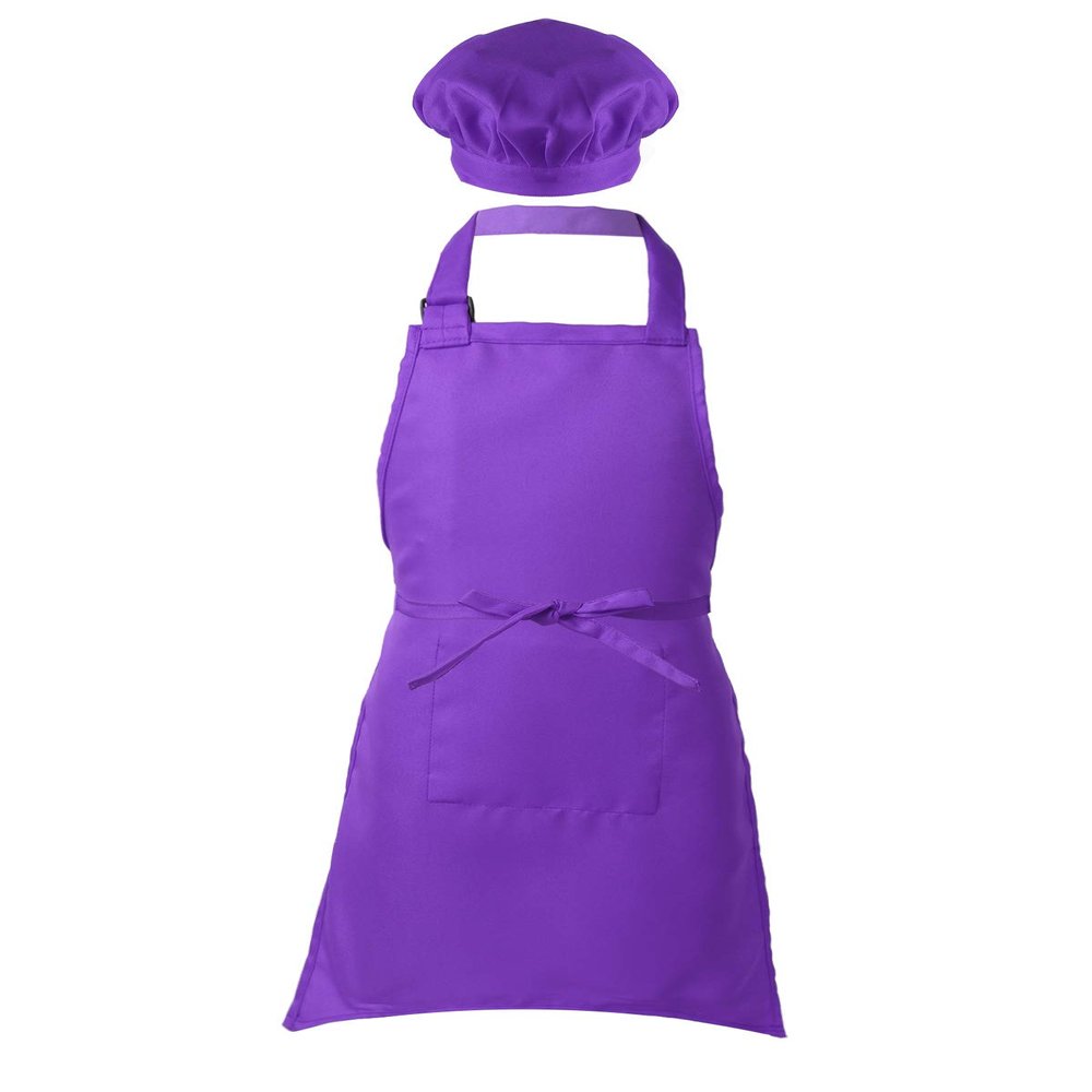 Alvivi Kids Chef Kitchen Costume Apron Hat Outfit Adjustable Bib Artist Apron for Cooking Baking Painting Crafting Purple 4-8