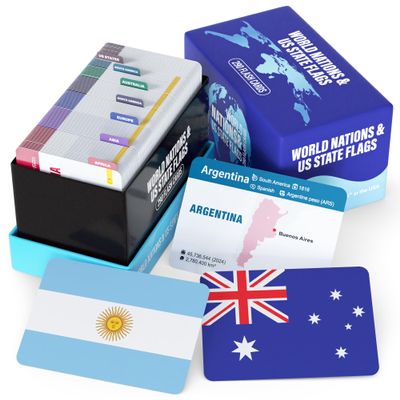 World Nations & US State Flags Flash Cards 290 Geography Flashcards for Kids Teens Adults, Learn Maps Capitals Currencies Populations Educational Homeschool Classroom Travel Study Set