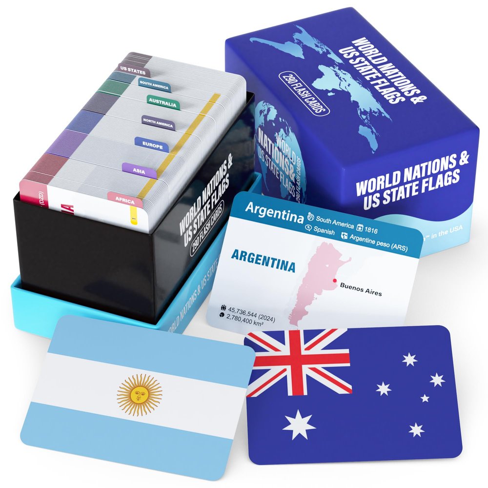 World Nations & US State Flags Flash Cards 290 Geography Flashcards for Kids Teens Adults, Learn Maps Capitals Currencies Populations Educational Homeschool Classroom Travel Study Set