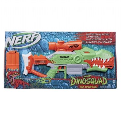 Nerf DinoSquad Rex-Rampage Motorised Blaster, 10-Dart Clip, 20 Darts, T-Rex Dinosaur Design, 8.6 x 61 x 34 cm