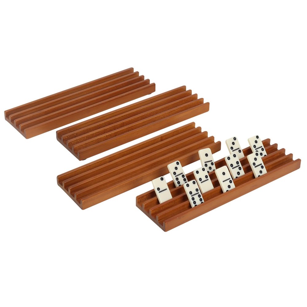GSE Games & Sports Expert Domino Set of 4 Wooden Domino Trays Holders Organizer - Premium Tiles Holder Racks for Mexican Train, Chicken Foot and Other Games
