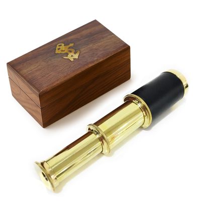 Brass Handheld Telescope, Functional Vintage Telescope, Pirate Navigation with Anchor Wooden Box (Black Leather), Portable Collapsible Marine Spyglass Collectible Dcor, 6