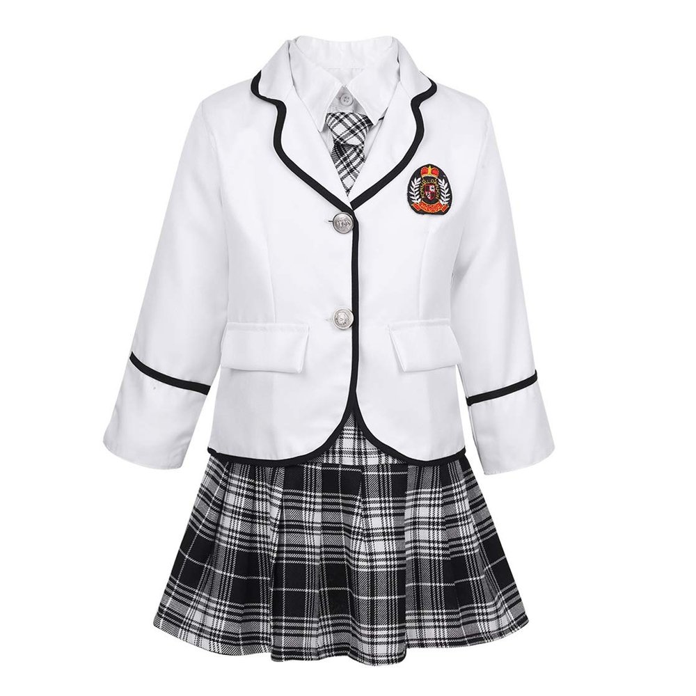 Hansber Big Girls Girls 4Pcs British Winter School Uniform Long Sleeves Shirt Blazer Suit with Mini Skirt Tie Set White 8-10