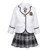 Hansber Big Girls Girls 4Pcs British Winter School Uniform Long Sleeves Shirt Blazer Suit with Mini Skirt Tie Set White 8-10 view 1