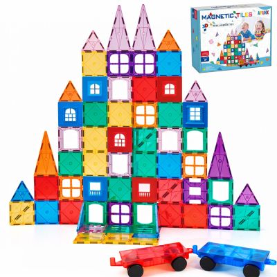AFUNX Magnetic Tiles,102PCS Magnetic Building Blocks 3D Clear Construction Playboards, Inspiration, Creativity Beyond Imagination, Educational Magnet Toy Set for Kids with 2 Cars