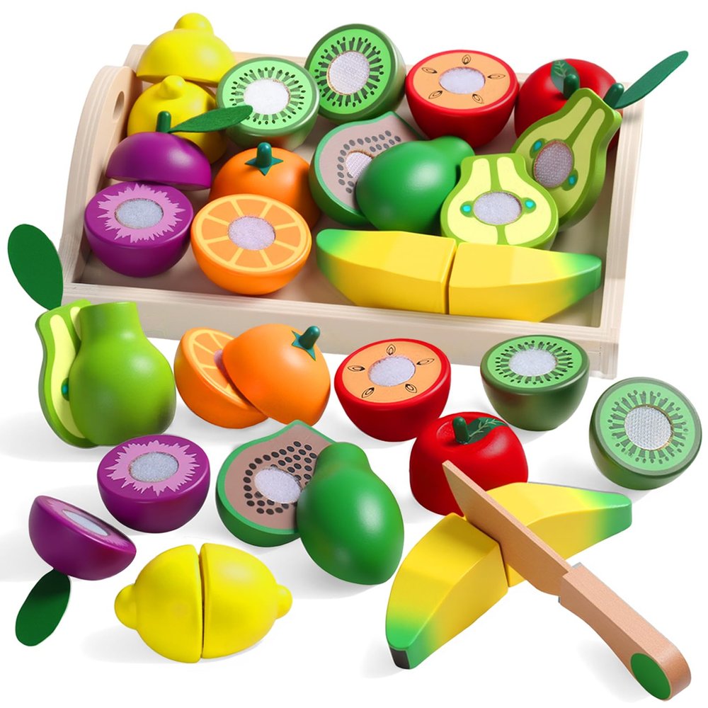 Fajiabao Wooden Play Food for Kids Kitchen Montessori Toys for Toddlers 1-3 Pretend Play Cutting Fruit Fine Motor Skills Educational Toys Birthday Gift for Girls Boys 2 3 4 Year Old