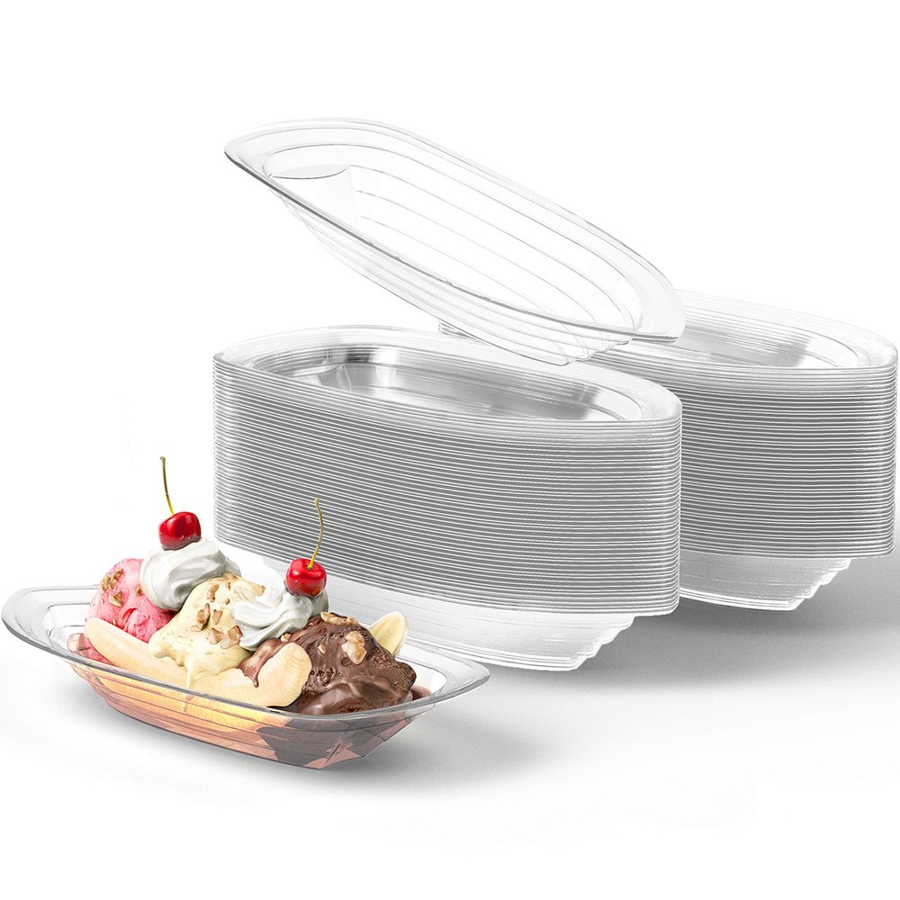 Super Fun Recyclable Banana Split Boats 100 Pack. Best Long 12 Oz Disposable Ice Cream Sundae Bowls. Perfect Plastic Sunday Cups for a Social or Kids Birthday Party. Great Clear Boat for Carnival.