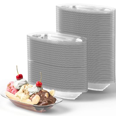Super Fun Recyclable 8oz Banana Split Boats 250 Pack. Durable, Disposable Ice Cream Sundae Bowls. Perfect Plastic Cups for Social Event or Kids Birthday Party. Great Clear Dessert Tray for Carnivals.