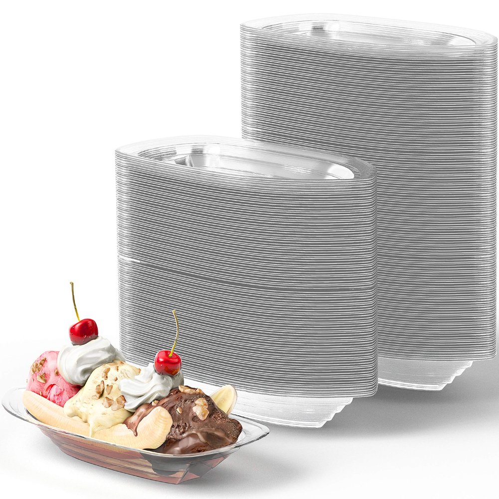 Super Fun Recyclable 8oz Banana Split Boats 250 Pack. Durable, Disposable Ice Cream Sundae Bowls. Perfect Plastic Cups for Social Event or Kids Birthday Party. Great Clear Dessert Tray for Carnivals.