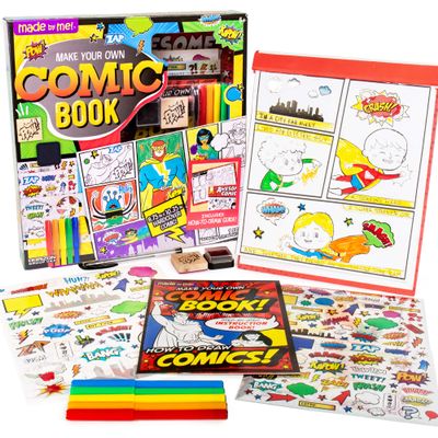 Made By Me Make Your Own Comic Book Storytelling Kit for Kids, 15-Page, Hardcover, How-to Draw Instructional Guide, Comic Inspired Stickers & Stamp, Holographic Stickers, 5 Vibrant Markers