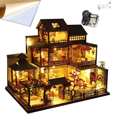 3D Wooden Assembled Dollhouse Kit DIY Miniature Japanese Style Courtyard Scene Building with Dust Cover and Music Creative Gift