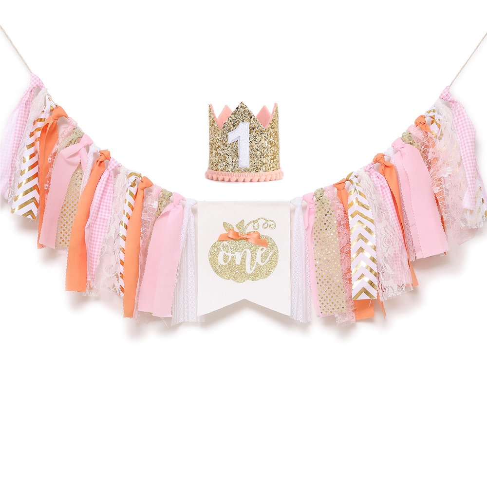 Pumpkin Banner for 1st Birthday - Highchair Banner for First Birthday Theme Decoration, Cake Smash Photo Prop, Pumpkin crown hat, Fabric Rag Garland Banner.