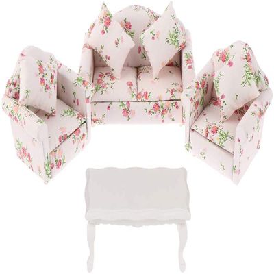 Dollhouse Furniture Set 3 Pcs 1:12 Dollhouse Miniature Wooden Sofa Cushions Armchair Pillow Kit Dolls House Furniture Couch with 1 Pc Dollhouse Teatable Coffee Table