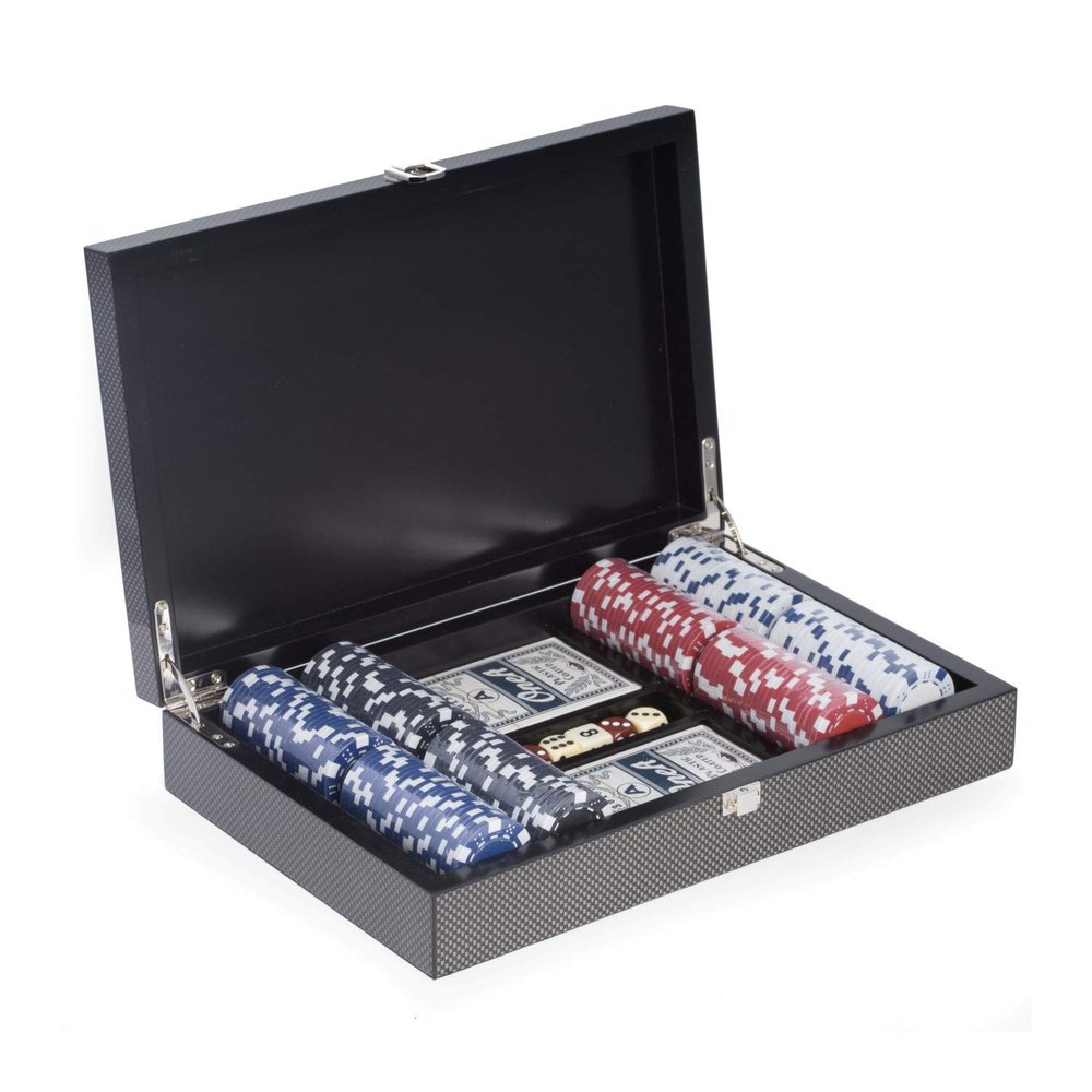 Bey-Berk Dylan 200-Chip Carbon Fiber Poker Set, 11.5g Clay Composite Chips with Cards and Dice in Wooden Case