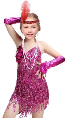 1920's Sequins Flapper Dress Children's Day Gift Party Halloween Costumes for Girls Accessories Set (Large, Style 1 Rose Red)