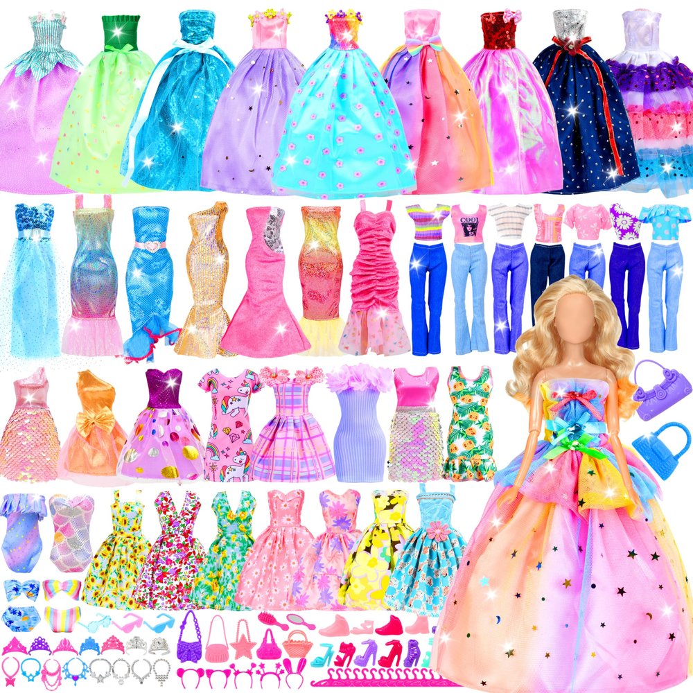 82 Pack Doll Clothes and Accessories - 2 Princess Dresses 1 Evening Dresses 5 Fashion Dresses 2 Tops 2 Pants 2 Bikini Swimsuits 20 Shoes 48 Accessories Size Suit for 11.5" Dolls for Ages 6 7 8 9 10