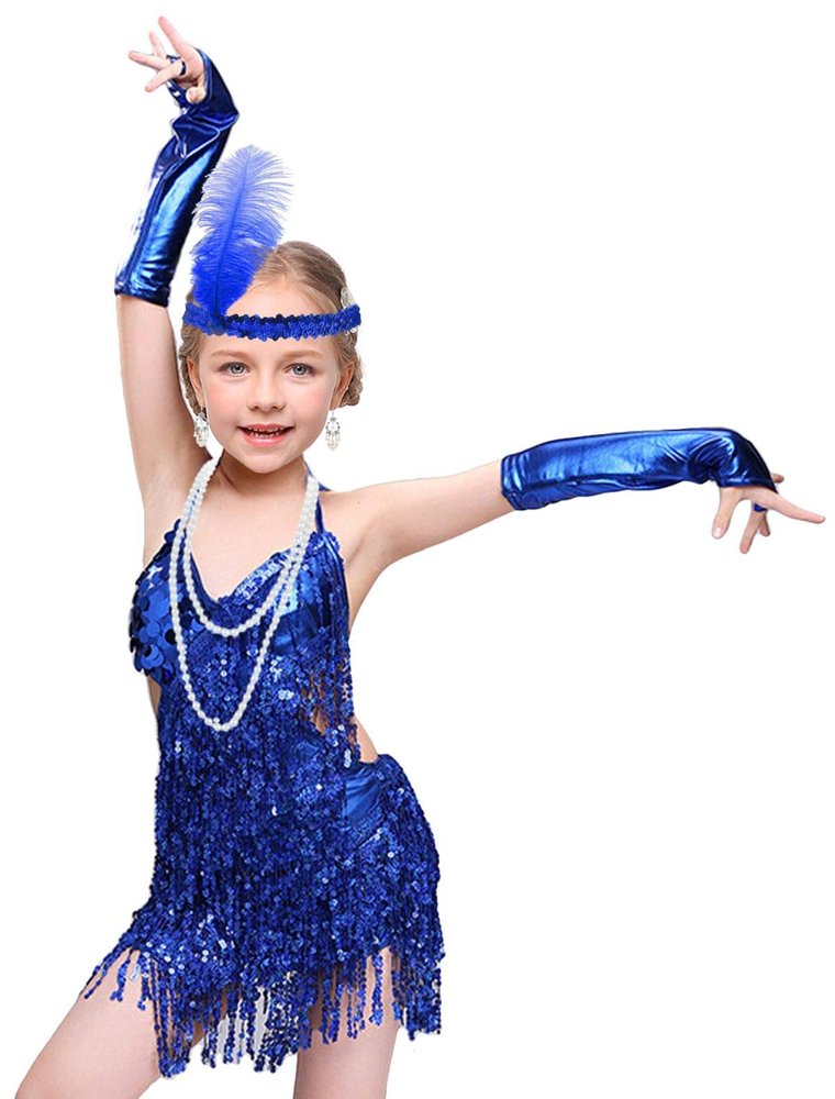 1920's Sequins Flapper Dress Children's Day Gift Party Halloween Costumes for Girls Accessories Set (X-Large, Style 1 Navy Blue)