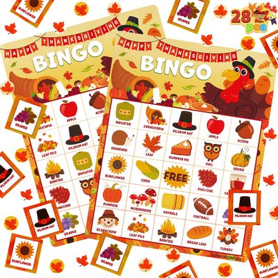 JOYIN 28 Players Thanksgiving Bingo Game Cards (5x5) for Kids Family Activities, Party Card, School Classroom Games, Turkey Party Favors Supplies