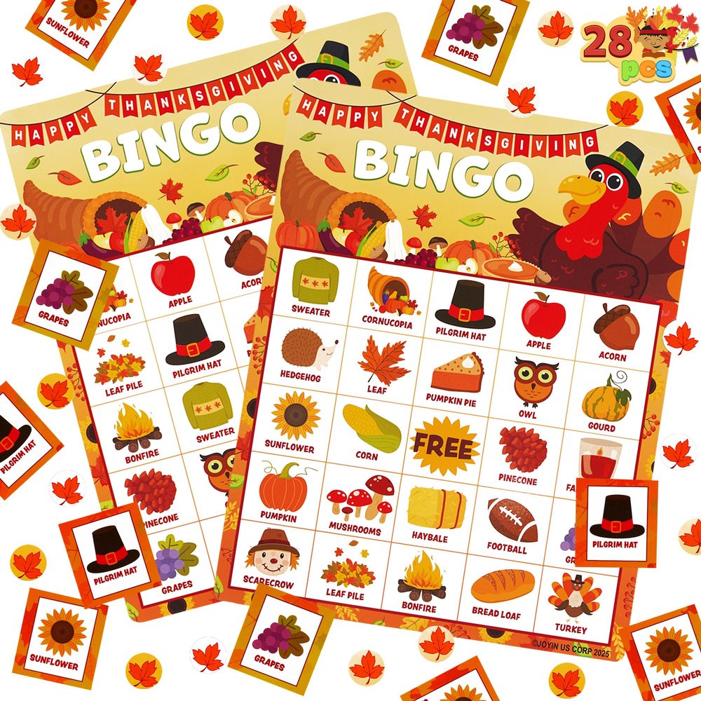JOYIN 28 Players Thanksgiving Bingo Game Cards (5x5) for Kids Family Activities, Party Card, School Classroom Games, Turkey Party Favors Supplies