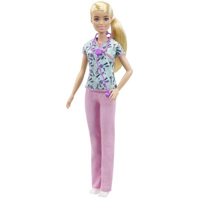 Barbie Nurse Blonde Doll (12-in/30.40-cm) with Scrubs Featuring a Medical Tool Print Top & Pink Pants, White Shoes & StethoscopeAccessory, Great Gift for Ages 3 Years Old & Up