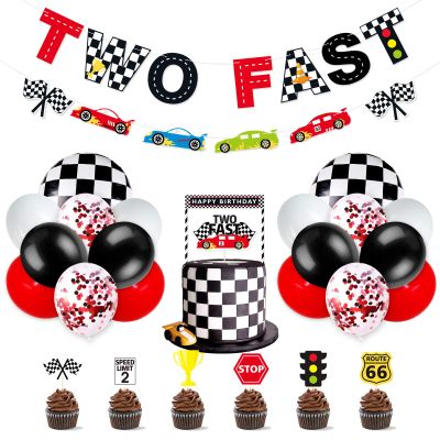 Bessmoso Two Fast Birthday Decor 52 Pcs Racing Car Party Supplies 2 Fast Birthday Decorations Include Race Car Balloons Banner Cake Topper Cupcake Toppers for Racing Theme Party Decoration