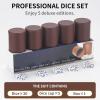 RERIVER 5 Pack PU Leather Dice Cups Velvet Felt-Lined Shaker Cups with 25 Dot Dice for Bar Party Yahtzee Farkle Dice Games, Brown view 2