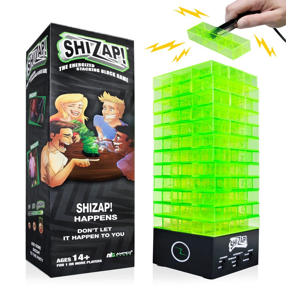 Amped Gamez ShiZap! - Electric Shock Stacking Block Game, Plastic Tumble Tower Blocks, Shocking Tweezers, LED Base That Plays Suspenseful Music, Family Fun Party Games for Teenage Boys, Girls, Adults
