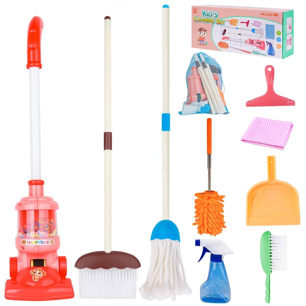 Meland Kids Cleaning Set - 8Pcs Toddler Broom and Toy Vacuum Cleaner, Pretend Play Children House Cleaning Toys, Christmas Birthday Gift for Girls and Boys