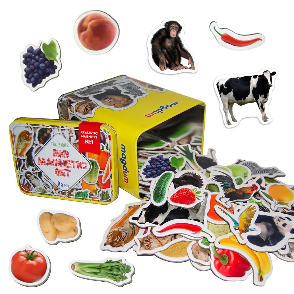 85 Fridge Magnets for Toddlers - Big Realistic Animal Magnets for Kids - Farm+Zoo+Fruits+Vegetables Magnet for Refrigerator - Magnetic Animals for Children - Learning Toy Set - Baby Educational Gift
