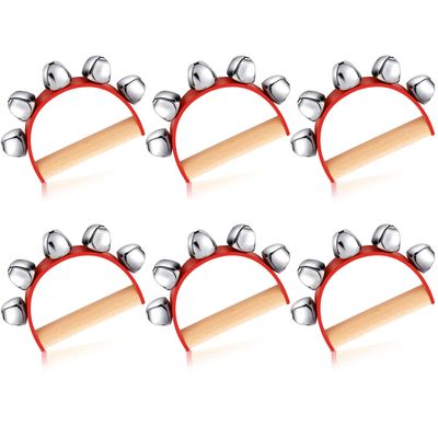 6 Pieces Sleigh Bell Christmas Handle Bells Instrument Musical Shaking Wooden Handbell with 5 Bells for Christmas Party, School Band Performances, Classroom Percussion Music