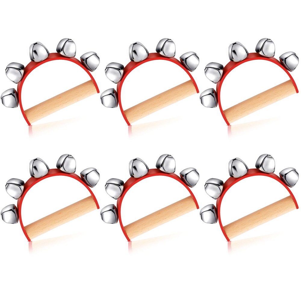 6 Pieces Sleigh Bell Christmas Handle Bells Instrument Musical Shaking Wooden Handbell with 5 Bells for Christmas Party, School Band Performances, Classroom Percussion Music