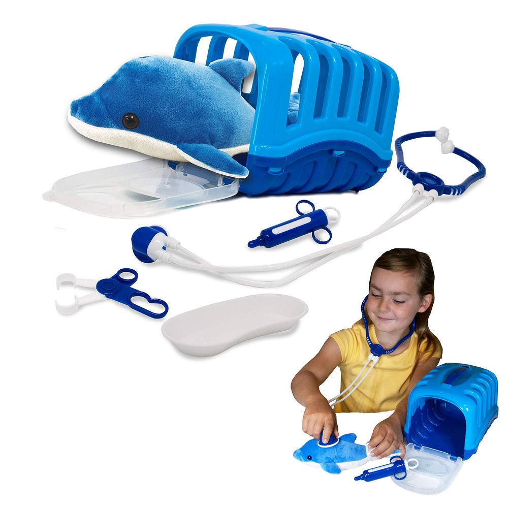 My Little Vet Basket - Dolphin from Deluxebase. Kids Veterinary Doctor Kit with Soft Plush Dolphin, Medical Tools & Portable Carrier, Pretend Play and Educational Toy for Ages 3+