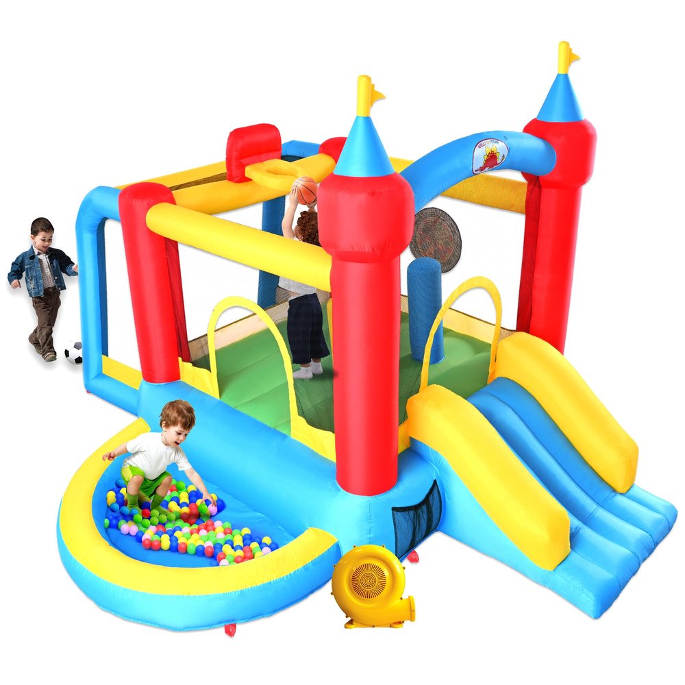 WELLFUNTIME Inflatable Bounce House with Slide, Jumping Castle with Blower and Wave Pool, Basketball Rim, Football Goal