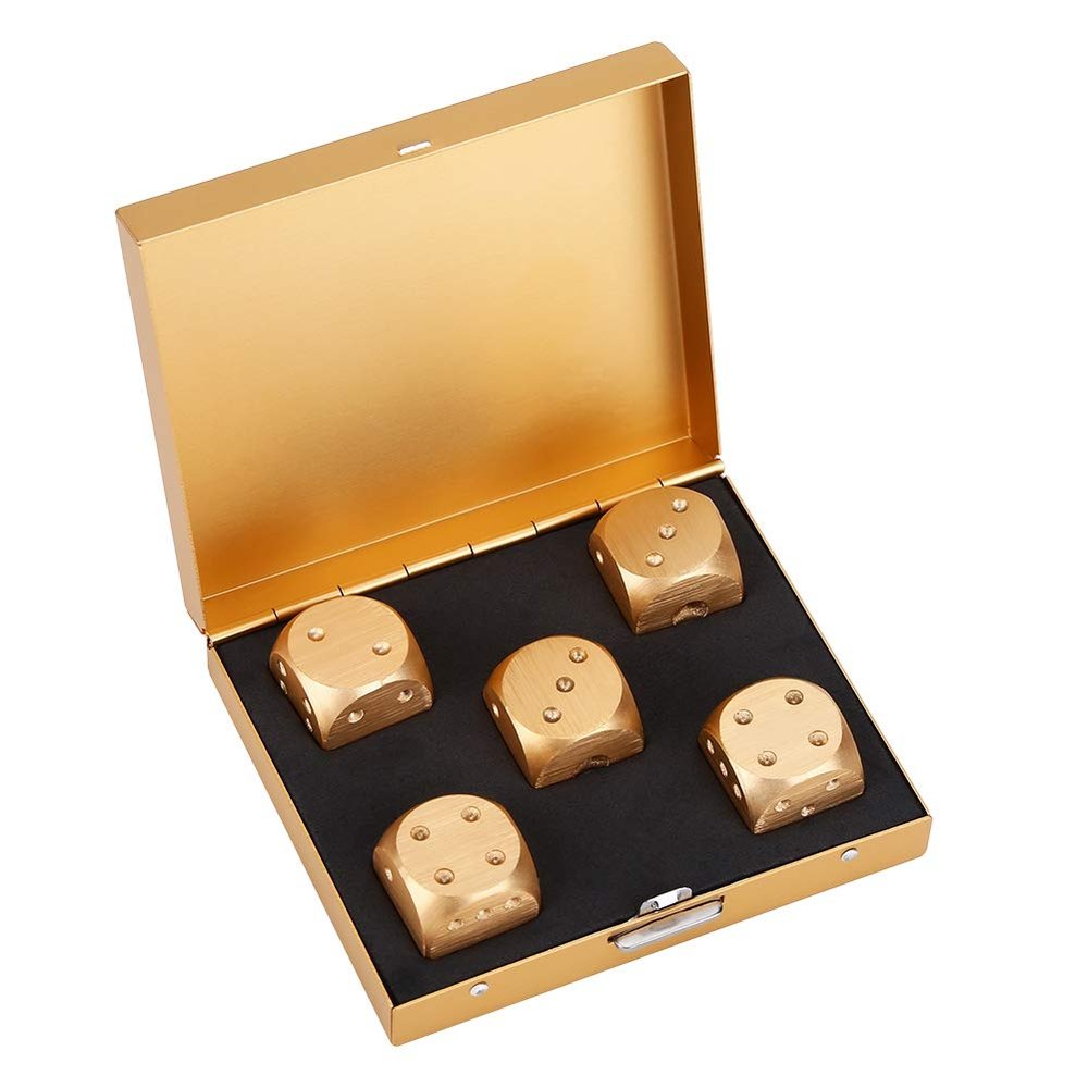 6 Sided Metal Dice Set, Dice Set with Storage Box Table Game Poker Games Dice Accessory (Gold Box)