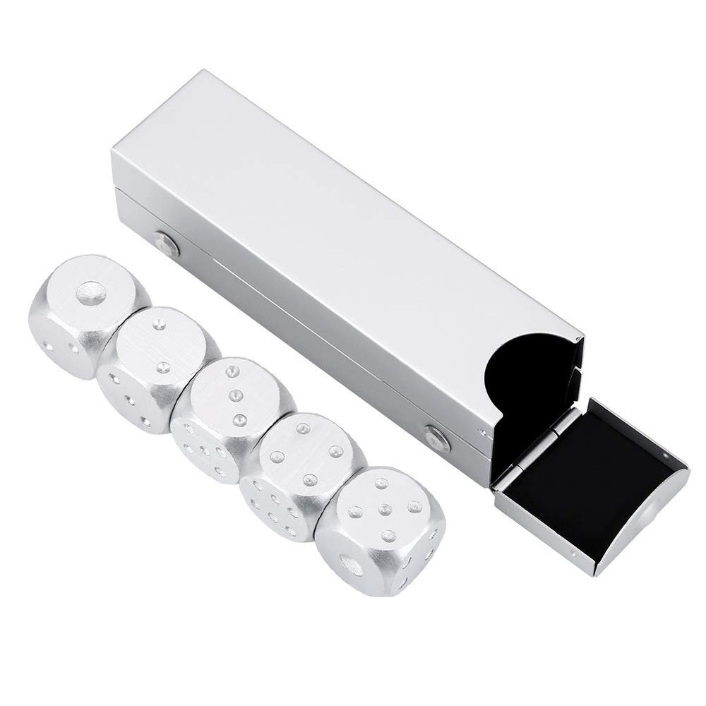 Aluminum Alloy Dice Set, 5 Pieces with Storage Box, 1.6 Inch Gold or Silver Metallic Gaming Dice for Table Games