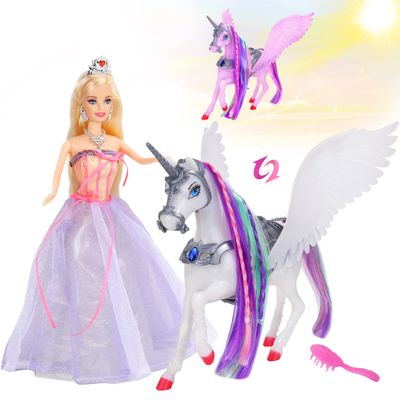 BETTINA Color Changing Unicorn & Princess Doll, Color Change on Whole Unicorn Under Sunshine, 11.5'' Princess Doll Toy, Unicorn Toys with Removable Saddle&Wings