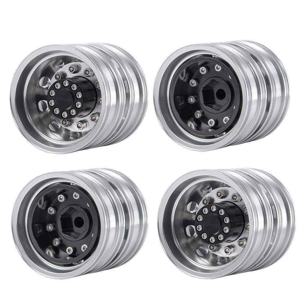 RCLIONS 4pcs Aluminum Alloy Trailer Rear Rims Hub 12mm Hex Beadlock Wheels for Tamiya 1/14 Tractor Truck Car