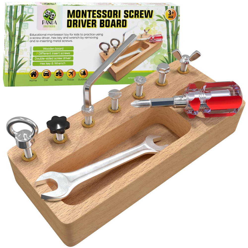 Panda Brothers Montessori Screwdriver Board Set - Wooden Montessori Toys for 4 Year Old Kids and Toddlers, Sensory Bin, Fine Motor Skills, STEM Toys