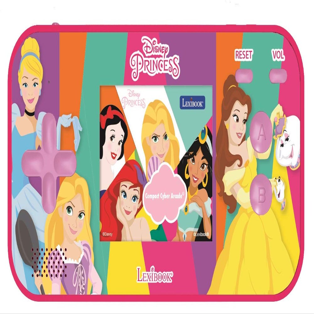 Lexibook Disney Princess Cinderella Ariel Rapunzel Compact Cyber Arcade Portable Gaming Console, 150 Games, LCD Colour Screen, operates with Batteries, Pink, JL2367DP